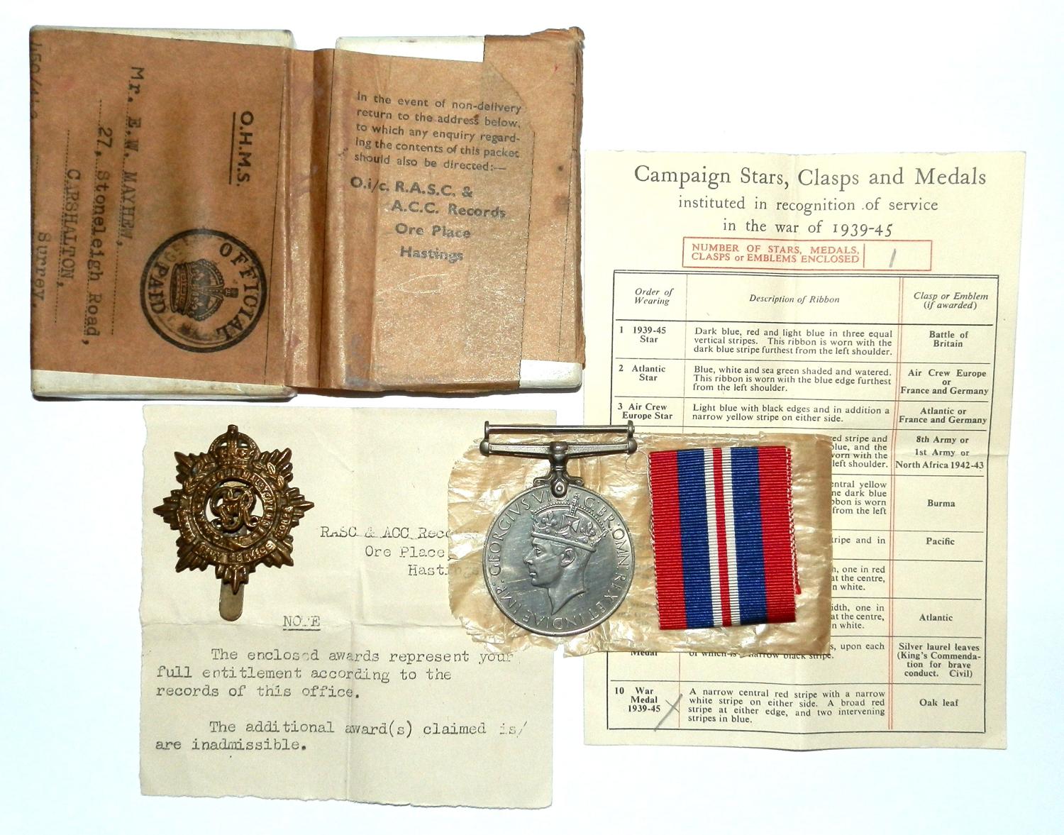 SINGLE. War Medal 1939-45 Awarded to Mr E. W. Mayhew A.S.C.